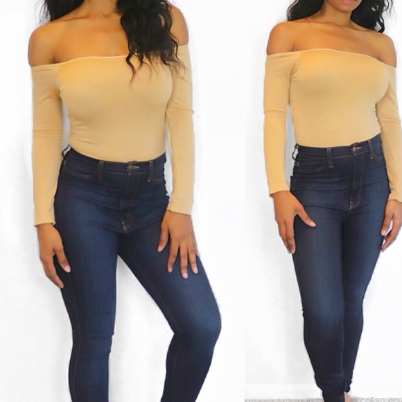 Tops - Off-Shoulder Long Sleeve Beige Bodysuit